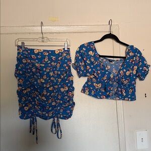 SHEIN Blue Floral Crop Top with Tie & Matching Skirt Set